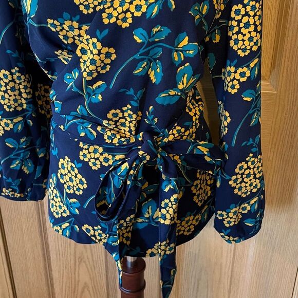 J Crew Navy Blue Yellow Floral Long Sleeve Wrap Blouse Top Small - Picture 5 of 9